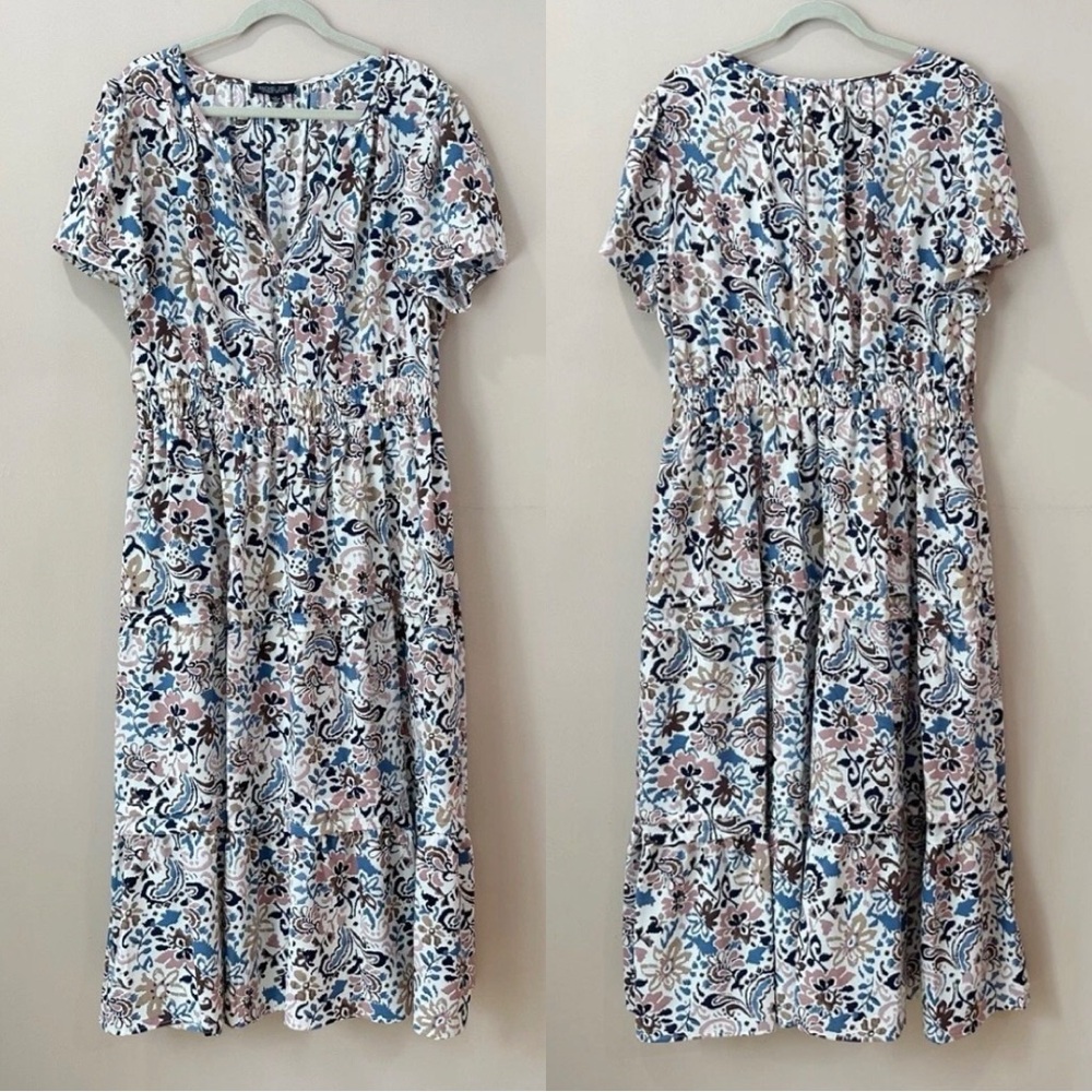 Rachel Zoe Womens Plus 1X Paisley V-Neck Short Sleeve Midi Dress Smocked Waist